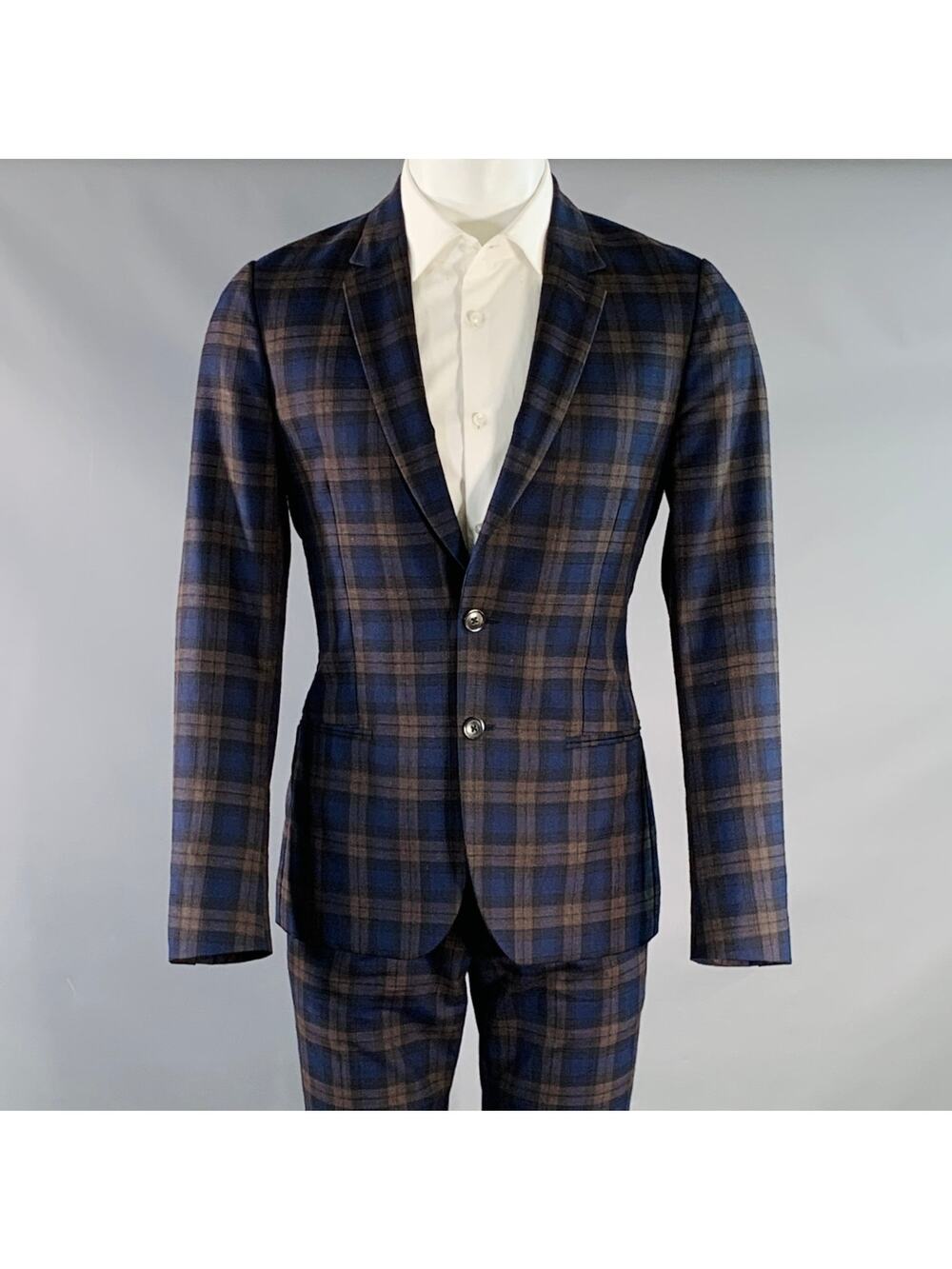 PAUL SMITH Size 38 Soho Navy Brown Plaid Wool Notch Lapel Suit